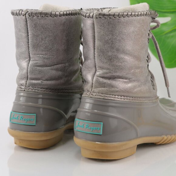 Jack Rogers Womens Hayley Duck Boot Size 8 Gray Silver Lace-Up Rubber Leather - Picture 6 of 12